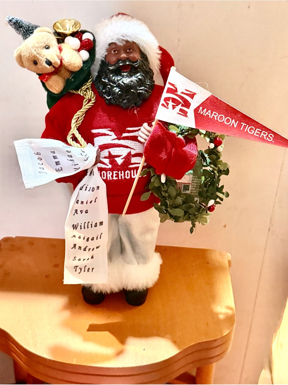 Maroon Santa Claus Decorative Figurine with Wreath - Home Accents